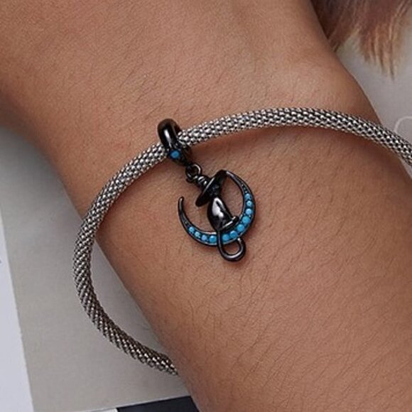 Black Plated Gold over Sterling Silver Black Cat on Turquoise Moon Dangl… - Picture 4 of 6
